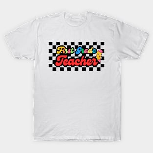 1st First Grade Teacher Back To School Checkerboard Team Squad T-Shirt